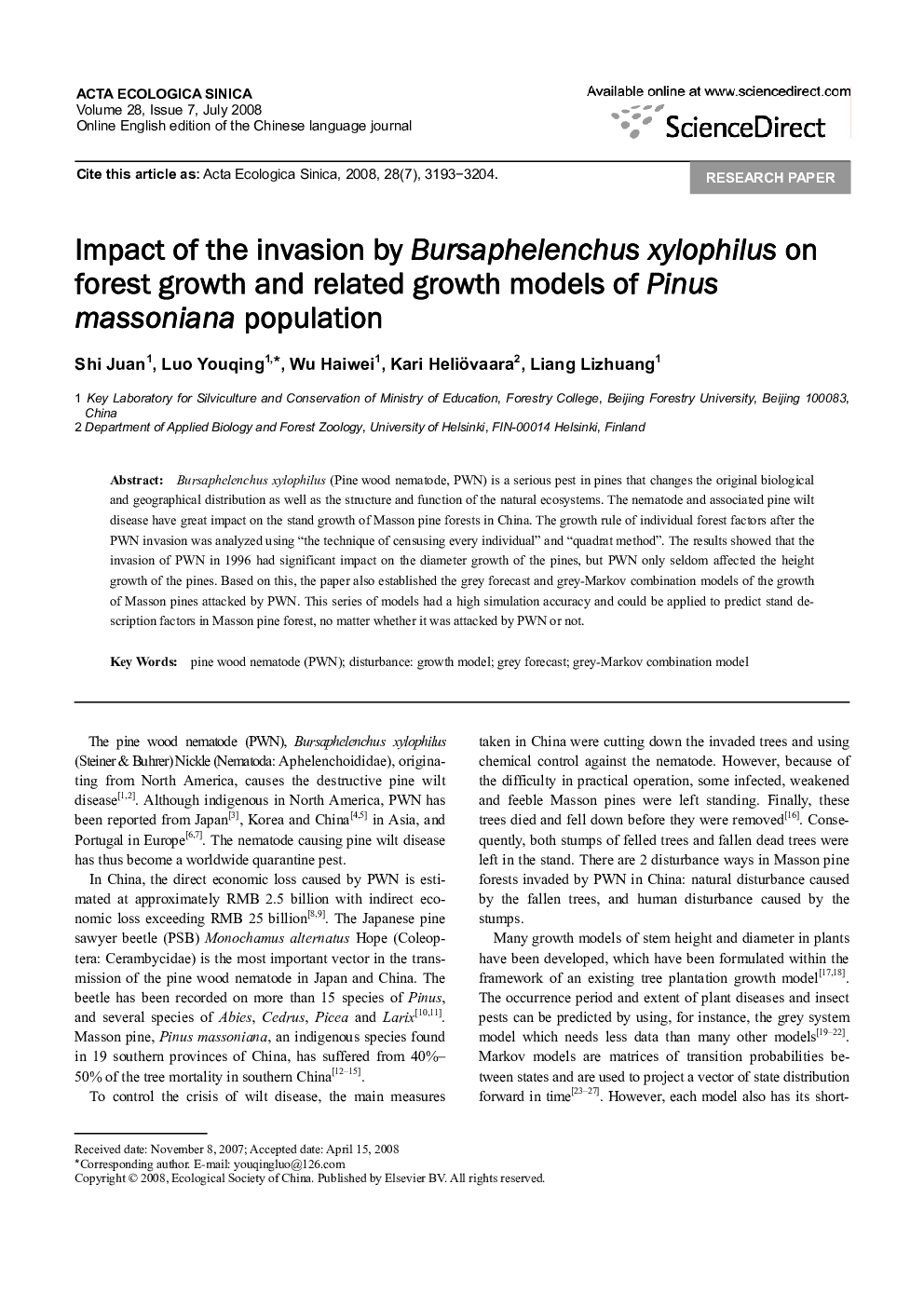 Impact of the invasion by Bursaphelenchus xylophilus on forest growth and related growth models of Pinus massoniana population