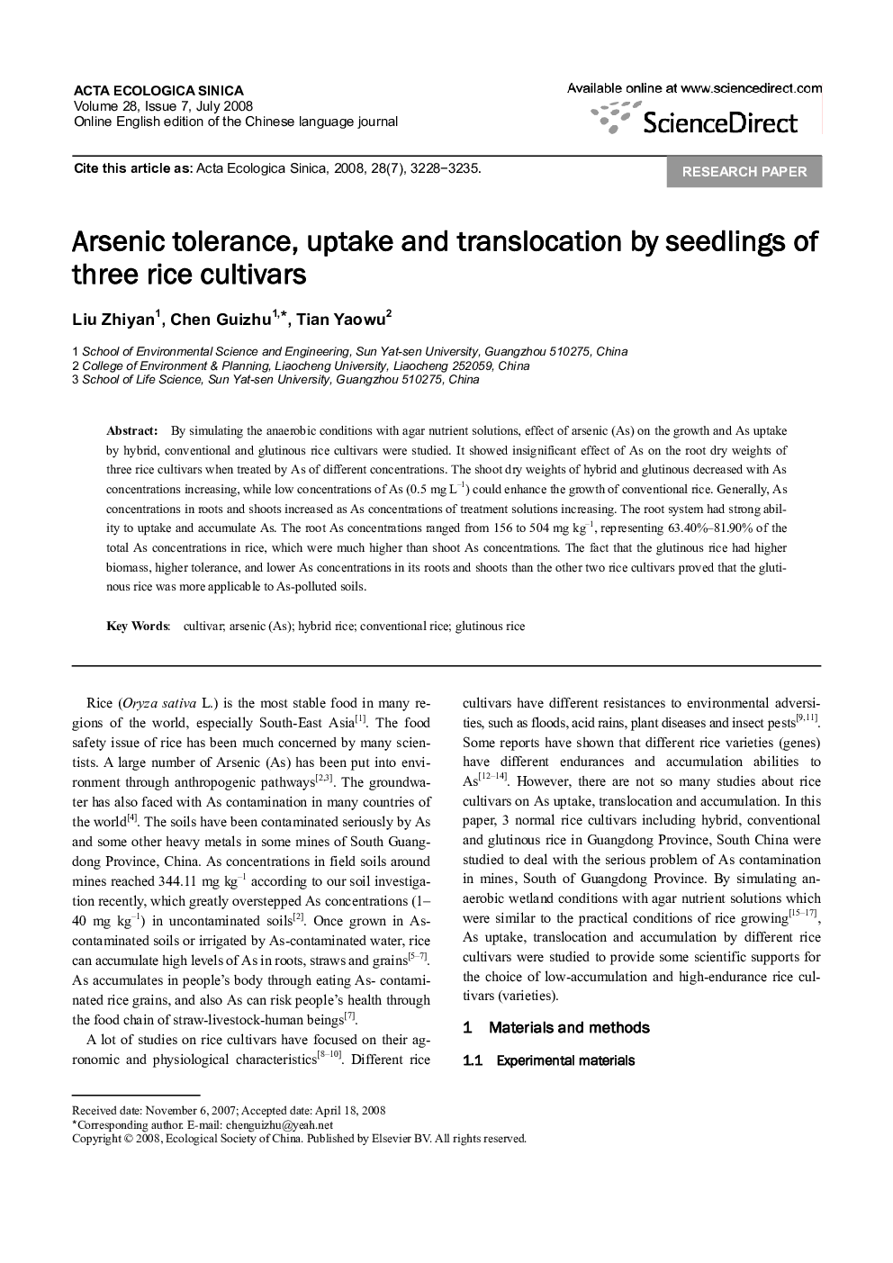 Arsenic tolerance, uptake and translocation by seedlings of three rice cultivars