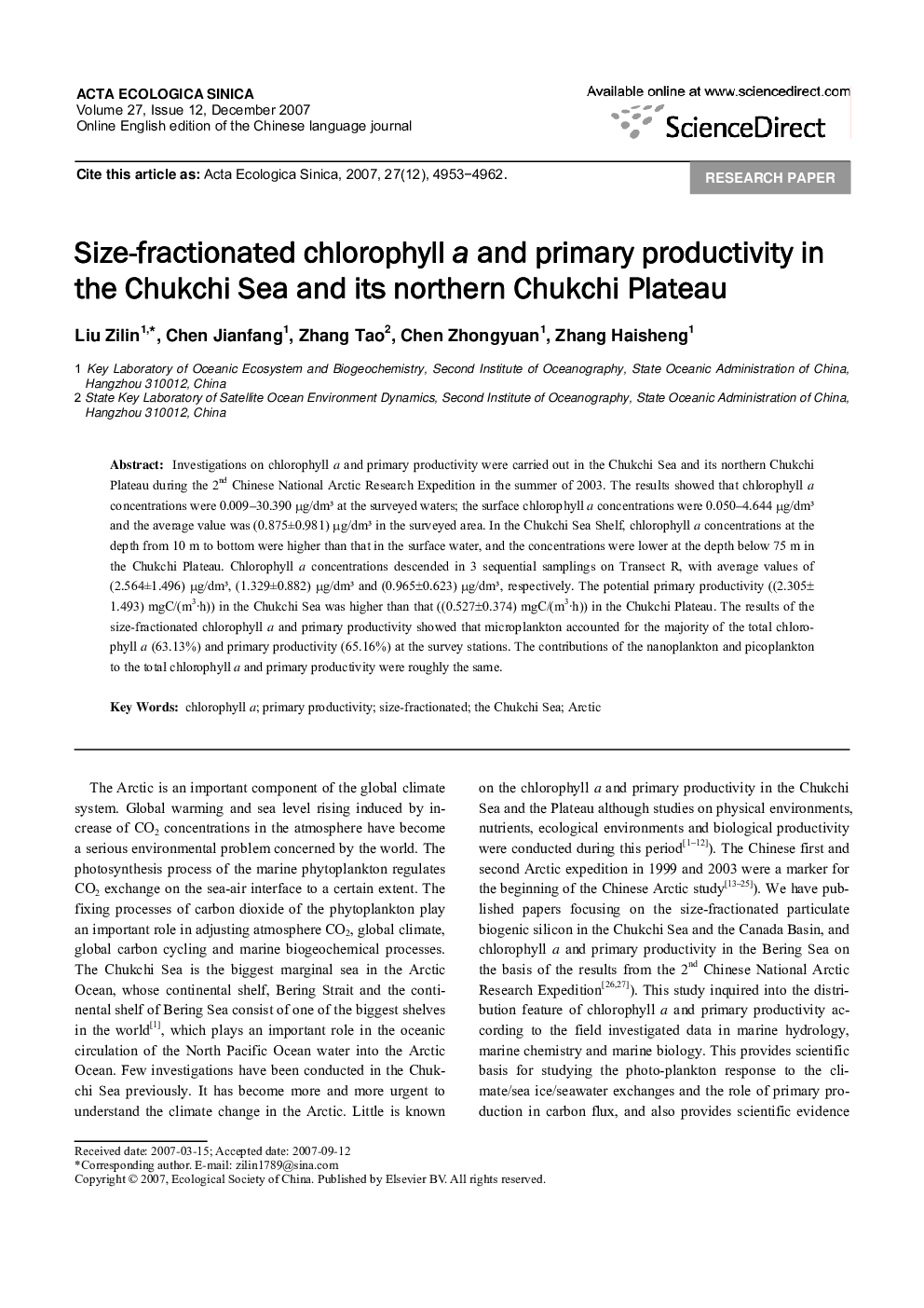 Size-fractionated chlorophyll a and primary productivity in the Chukchi Sea and its northern Chukchi Plateau