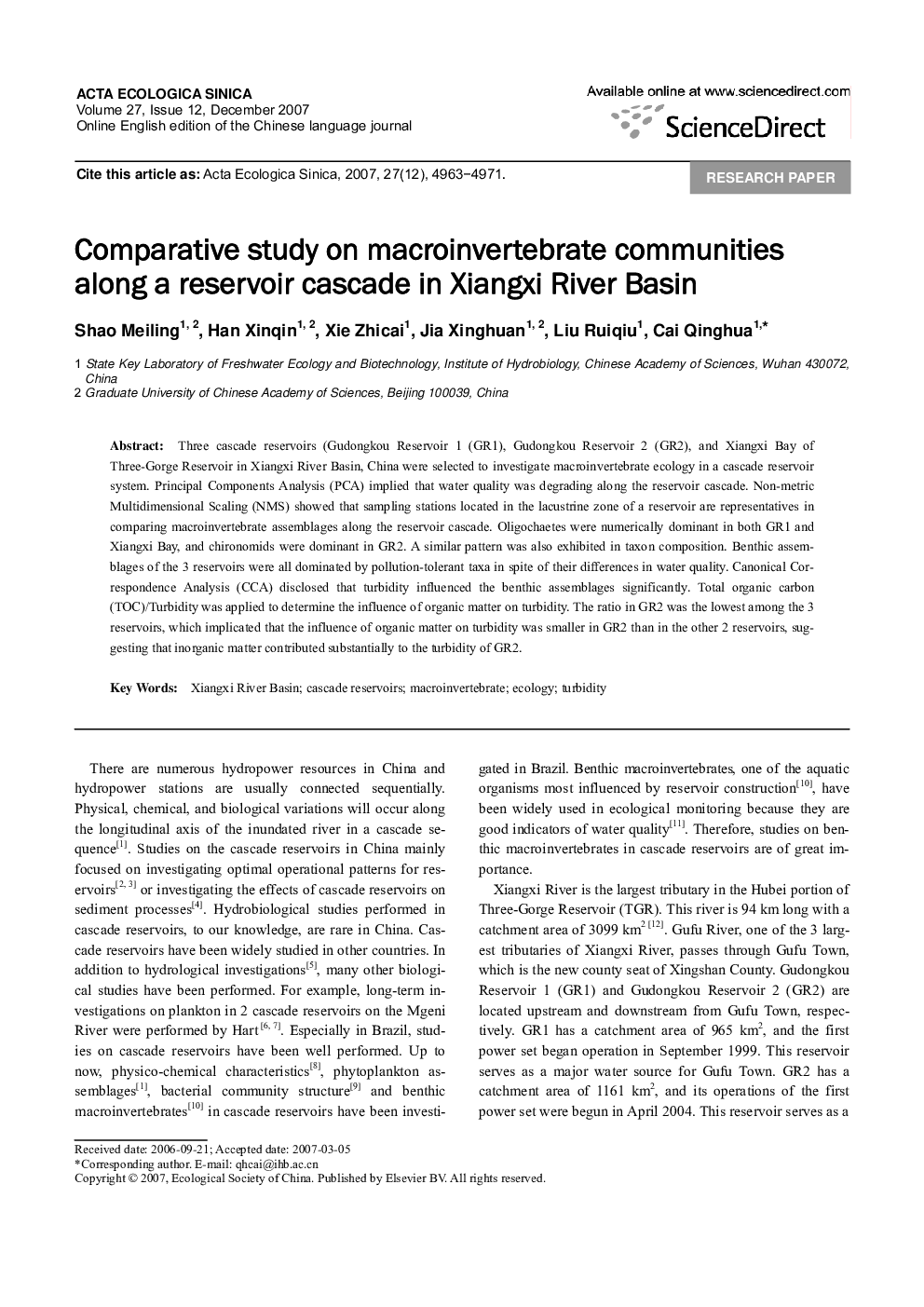 Comparative study on macroinvertebrate communities along a reservoir cascade in Xiangxi River Basin