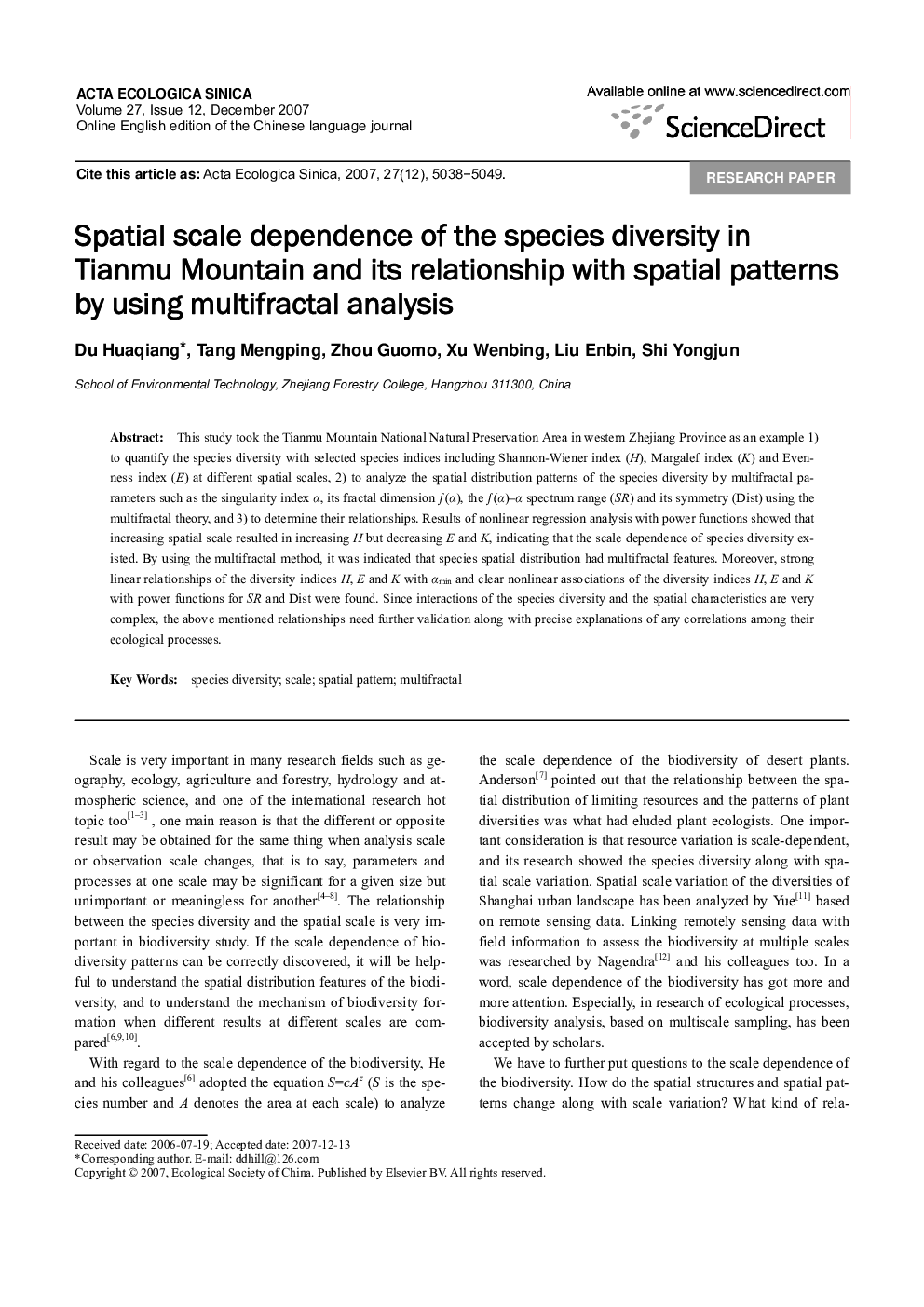 Spatial scale dependence of the species diversityin Tianmu Mountain and its relationship with spatial patterns by using multifractal analysis