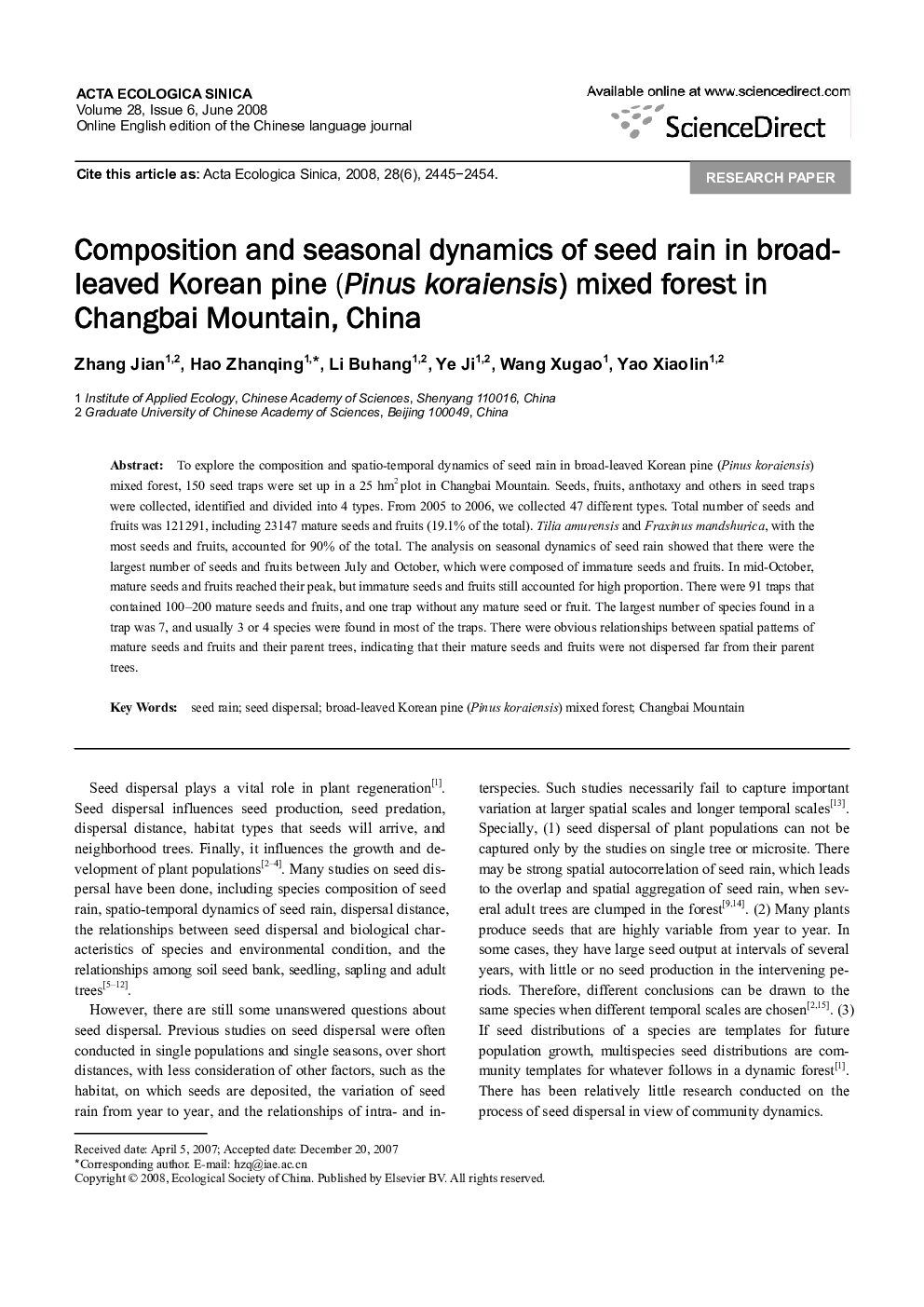 Composition and seasonal dynamics of seed rain in broad-leaved Korean pine (Pinus koraiensis) mixed forest in Changbai Mountain, China