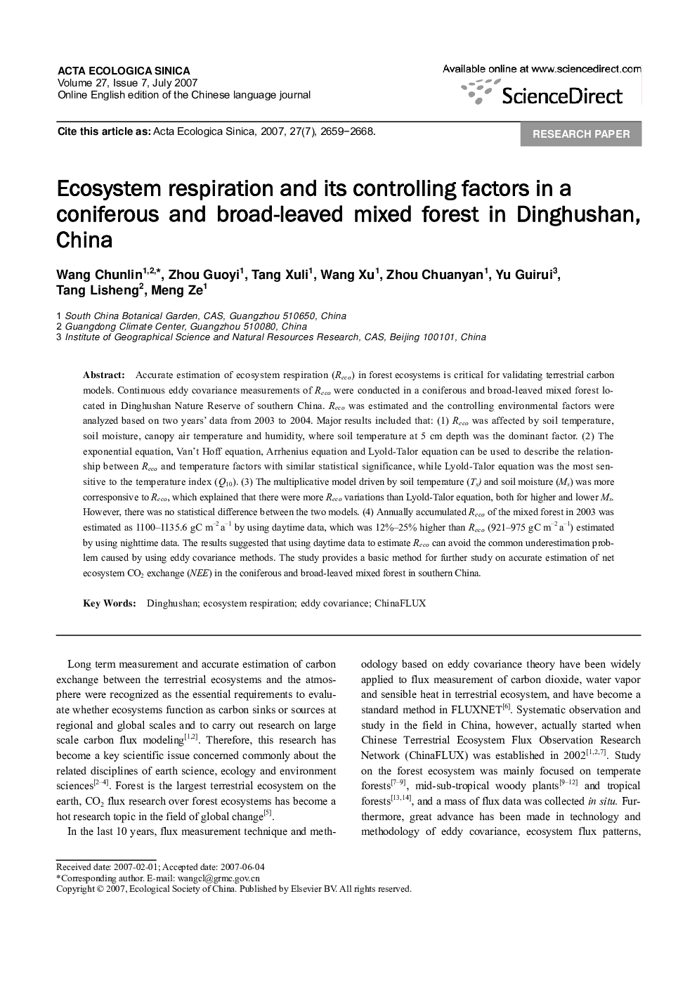 Ecosystem respiration and its controlling factors in a coniferous and broad-leaved mixed forest in Dinghushan, China