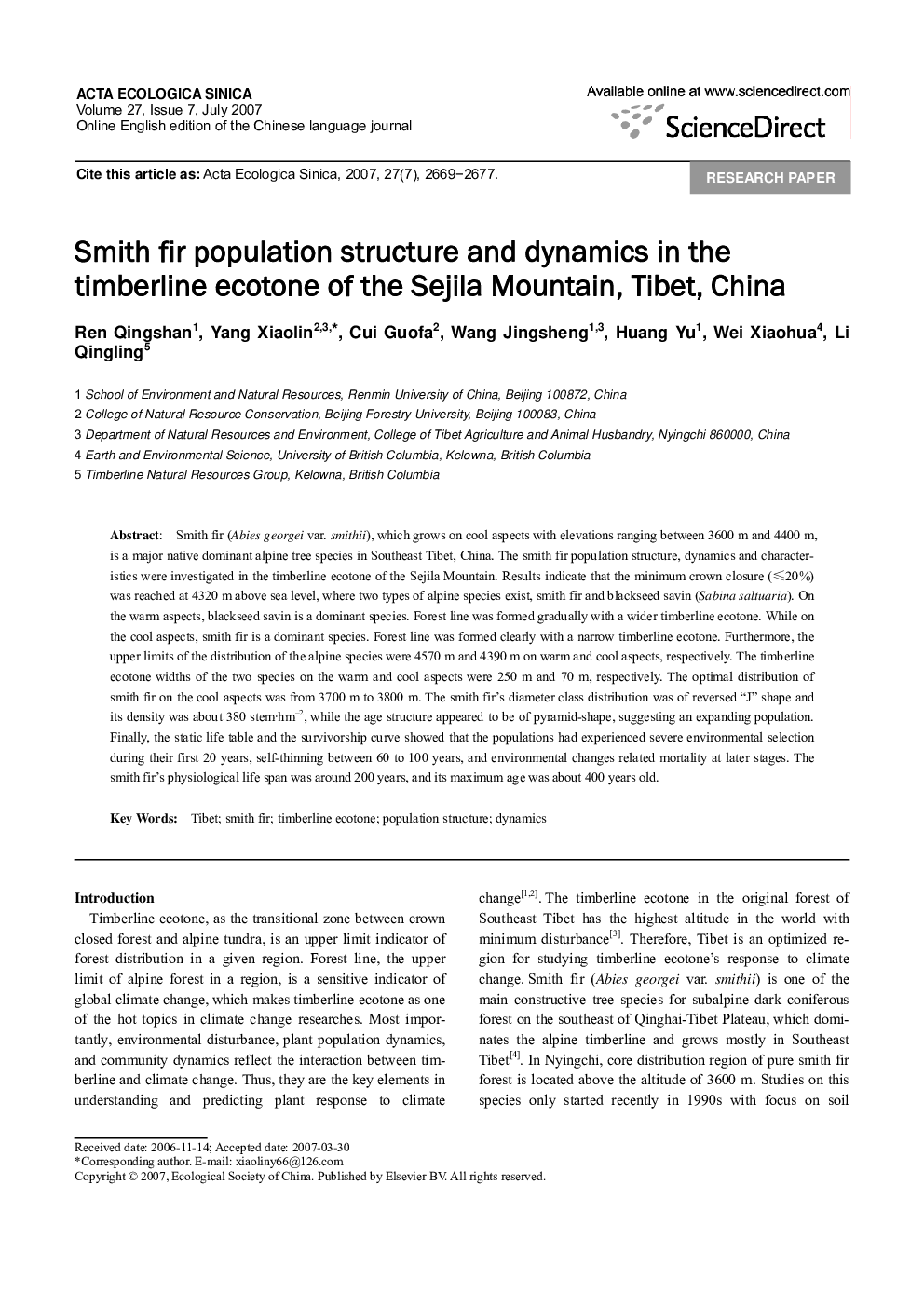 Smith fir population structure and dynamics in the timberline ecotone of the Sejila Mountain, Tibet, China