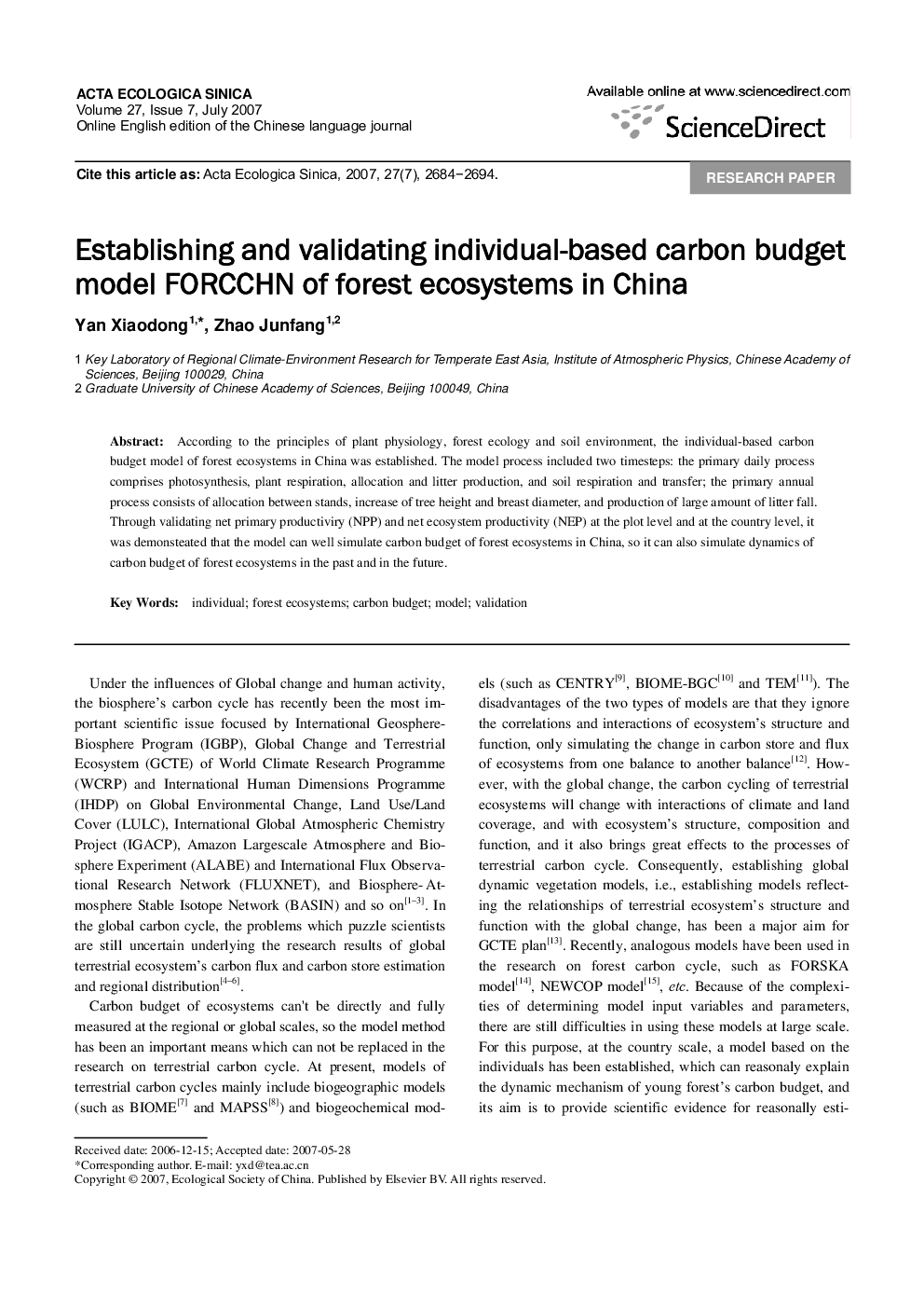 Establishing and validating individual-based carbon budget model FORCCHN of forest ecosystems in China