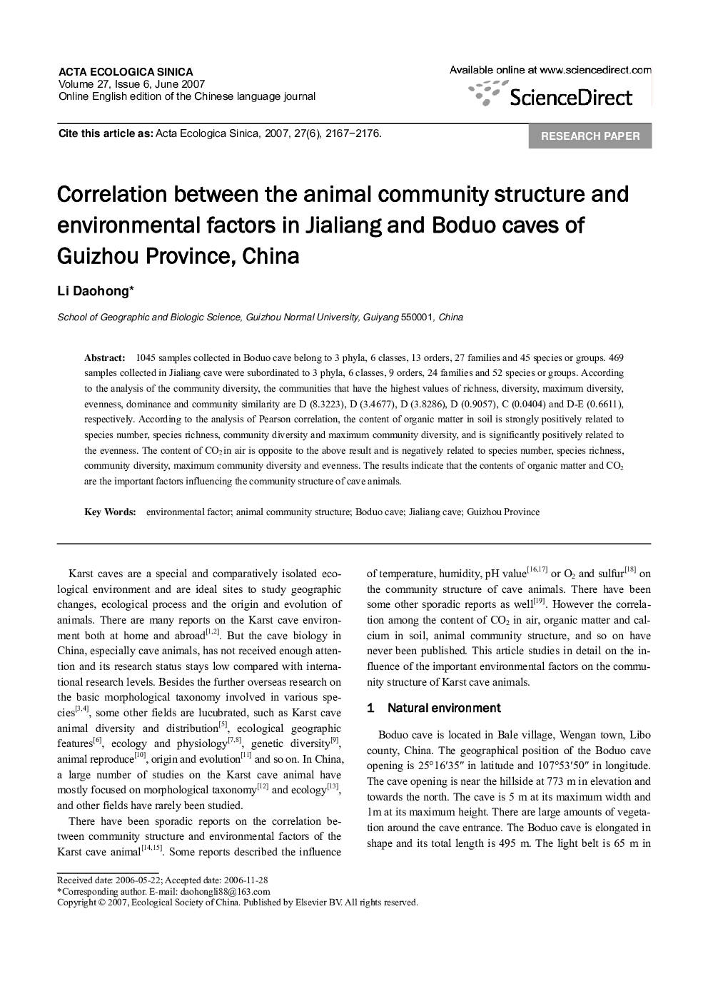 Correlation between the animal community structure and environmental factors in Jialiang and Boduo caves of Guizhou Province, China