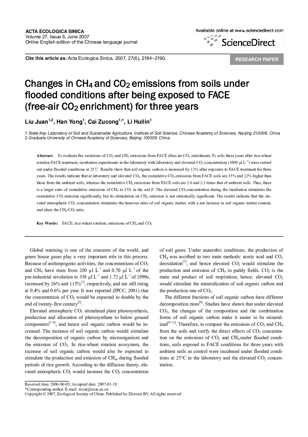Changes in CH4 and CO2 emissions from soils under flooded conditions after being exposed to FACE (free-air CO2 enrichment) for three years