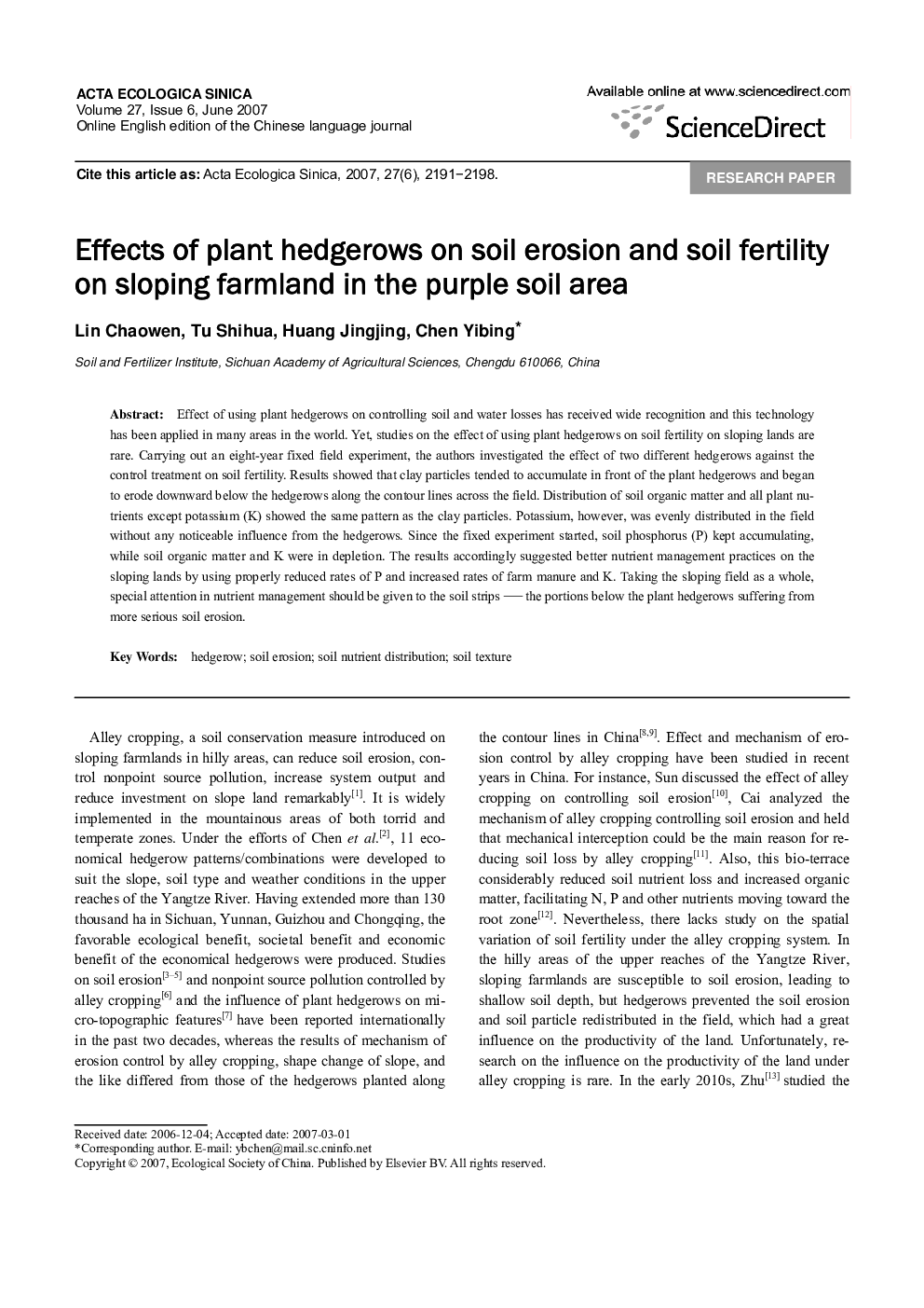 Effects of plant hedgerows on soil erosion and soil fertility on sloping farmland in the purple soil area