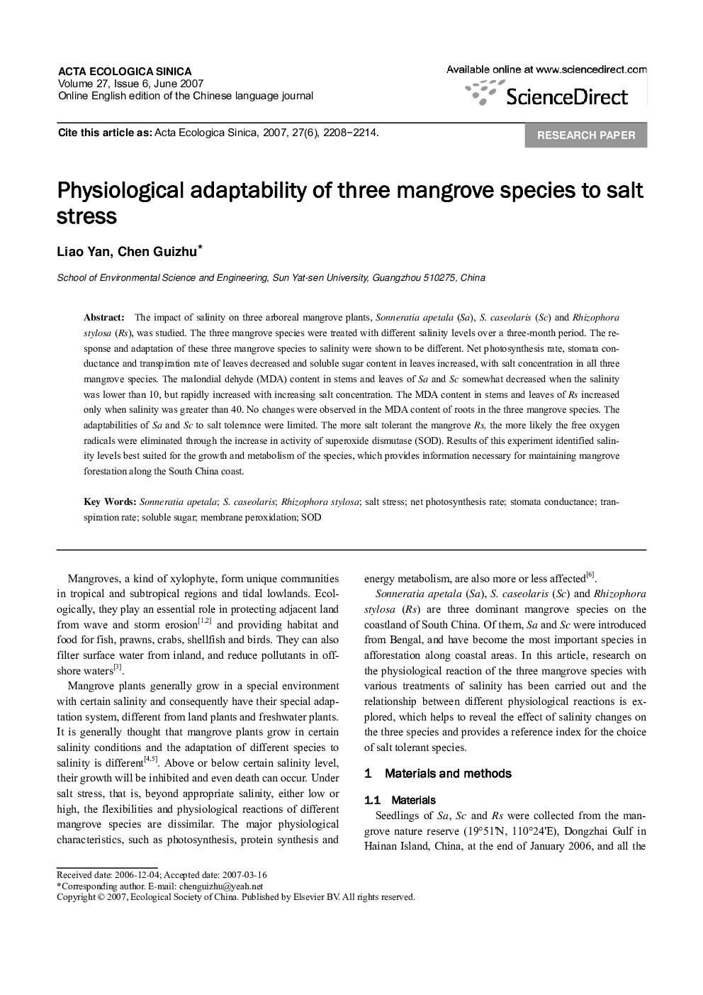 Physiological adaptability of three mangrove species to salt stress
