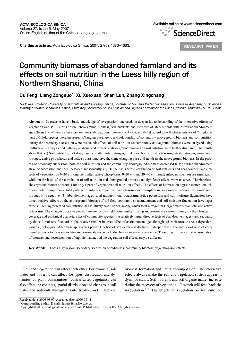 Community biomass of abandoned farmland and its effects on soil nutrition in the Loess hilly region of Northern Shaanxi, China