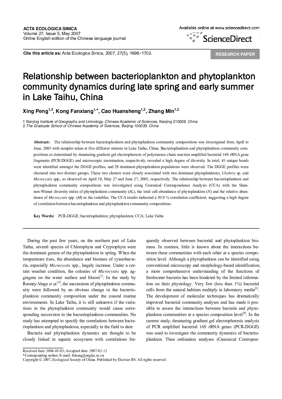 Relationship between bacterioplankton and phytoplankton community dynamics during late spring and early summer in Lake Taihu, China