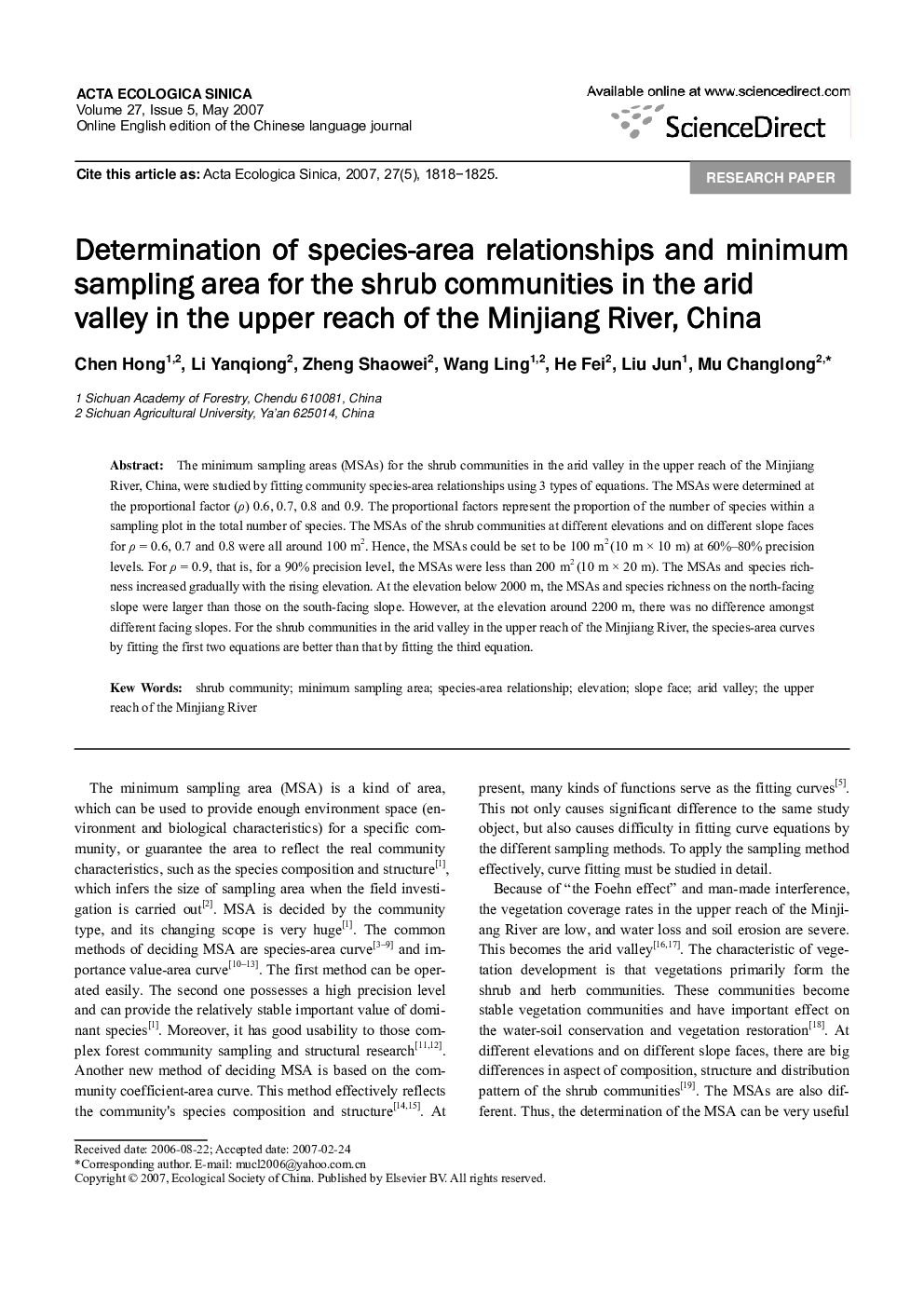 Determination of species-area relationships and minimum sampling area for the shrub communities in the arid valley in the upper reach of the Minjiang River, China