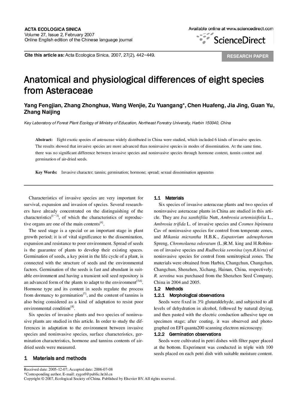 Anatomical and physiological differences of eight species from Asteraceae