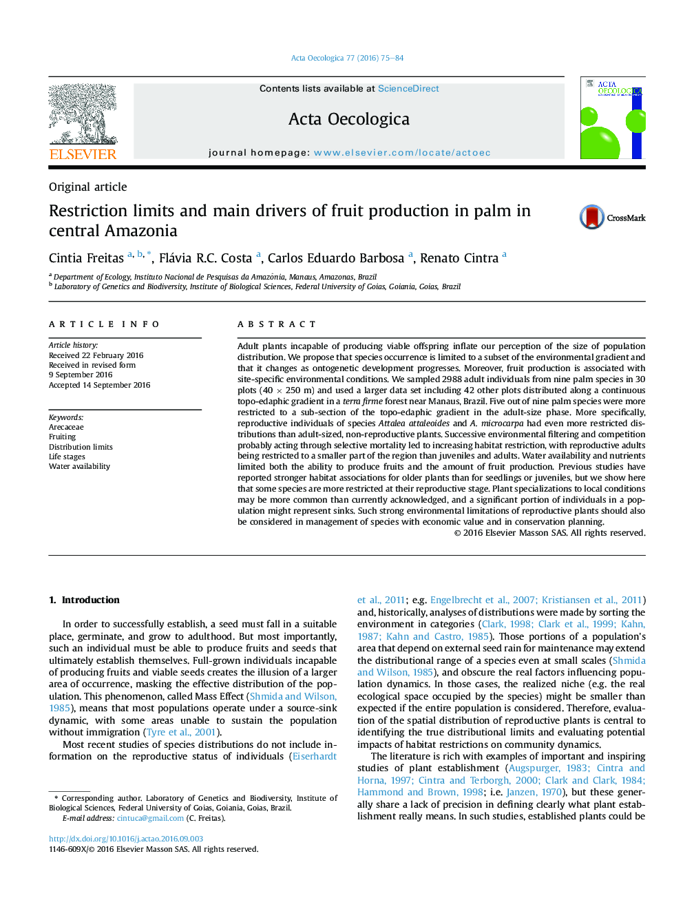 Restriction limits and main drivers of fruit production in palm in central Amazonia