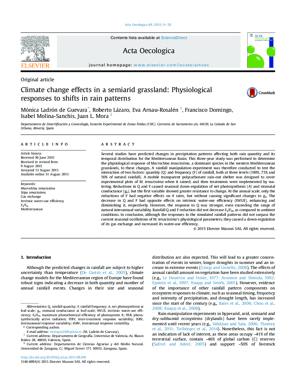 Climate change effects in a semiarid grassland: Physiological responses to shifts in rain patterns