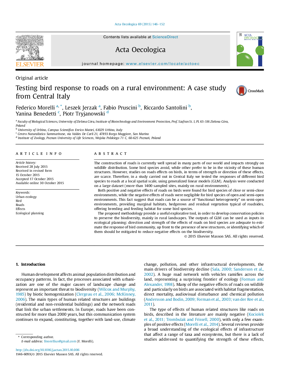 Testing bird response to roads on a rural environment: A case study from Central Italy