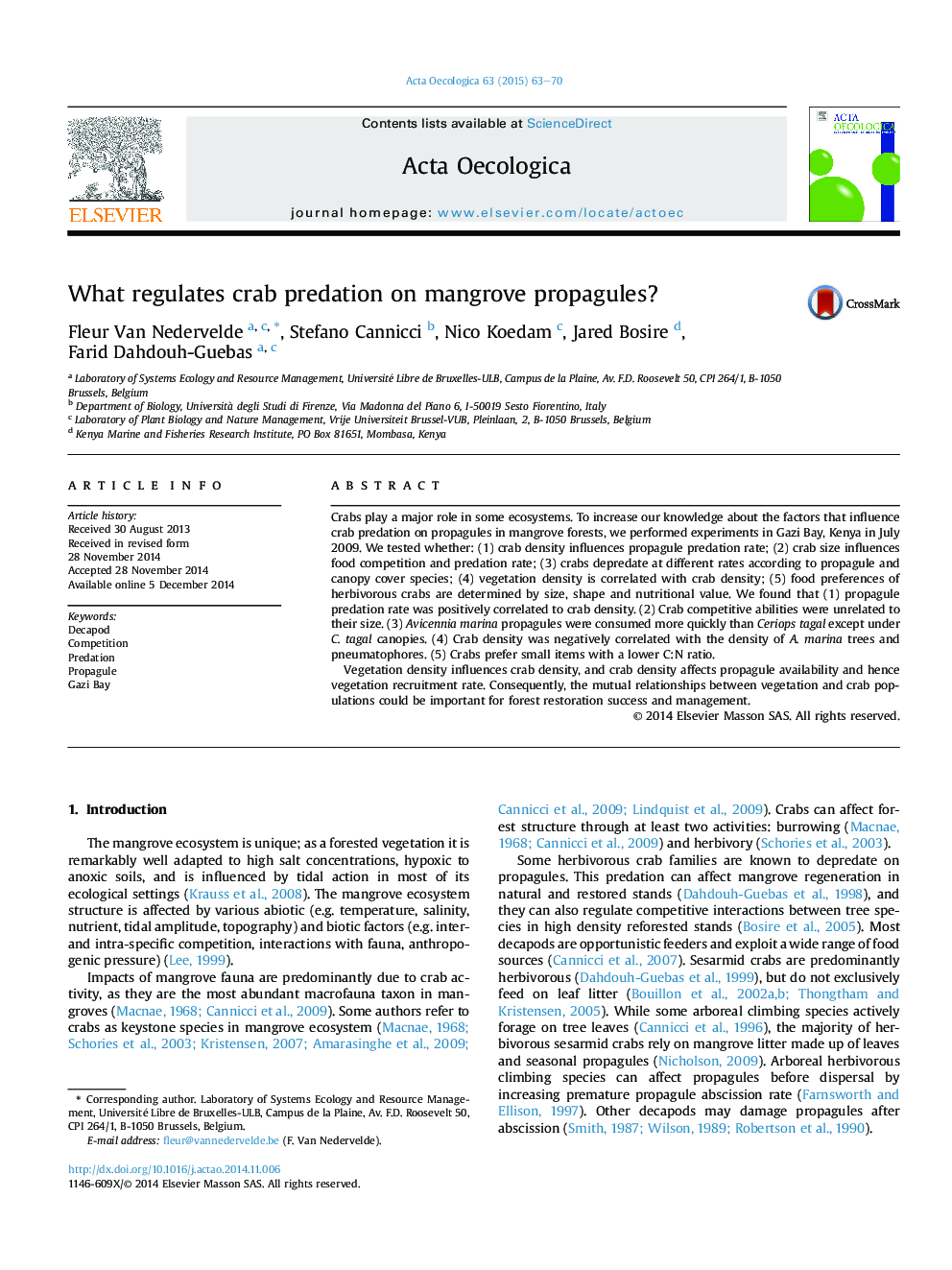 What regulates crab predation on mangrove propagules?