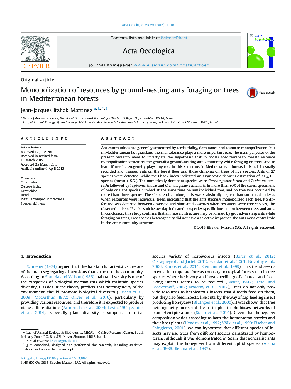 Monopolization of resources by ground-nesting ants foraging on trees in Mediterranean forests