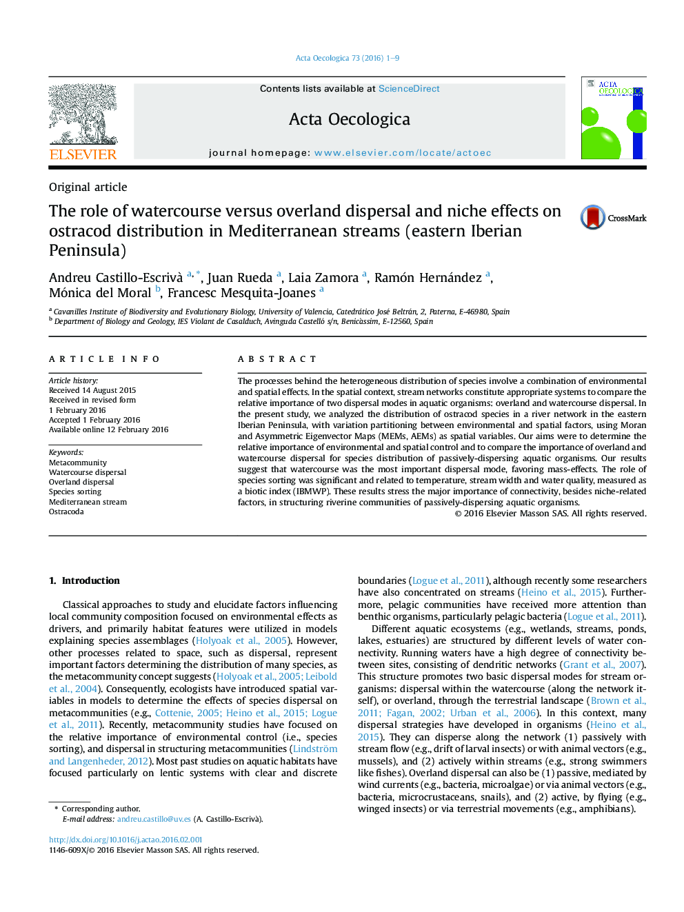 The role of watercourse versus overland dispersal and niche effects on ostracod distribution in Mediterranean streams (eastern Iberian Peninsula)