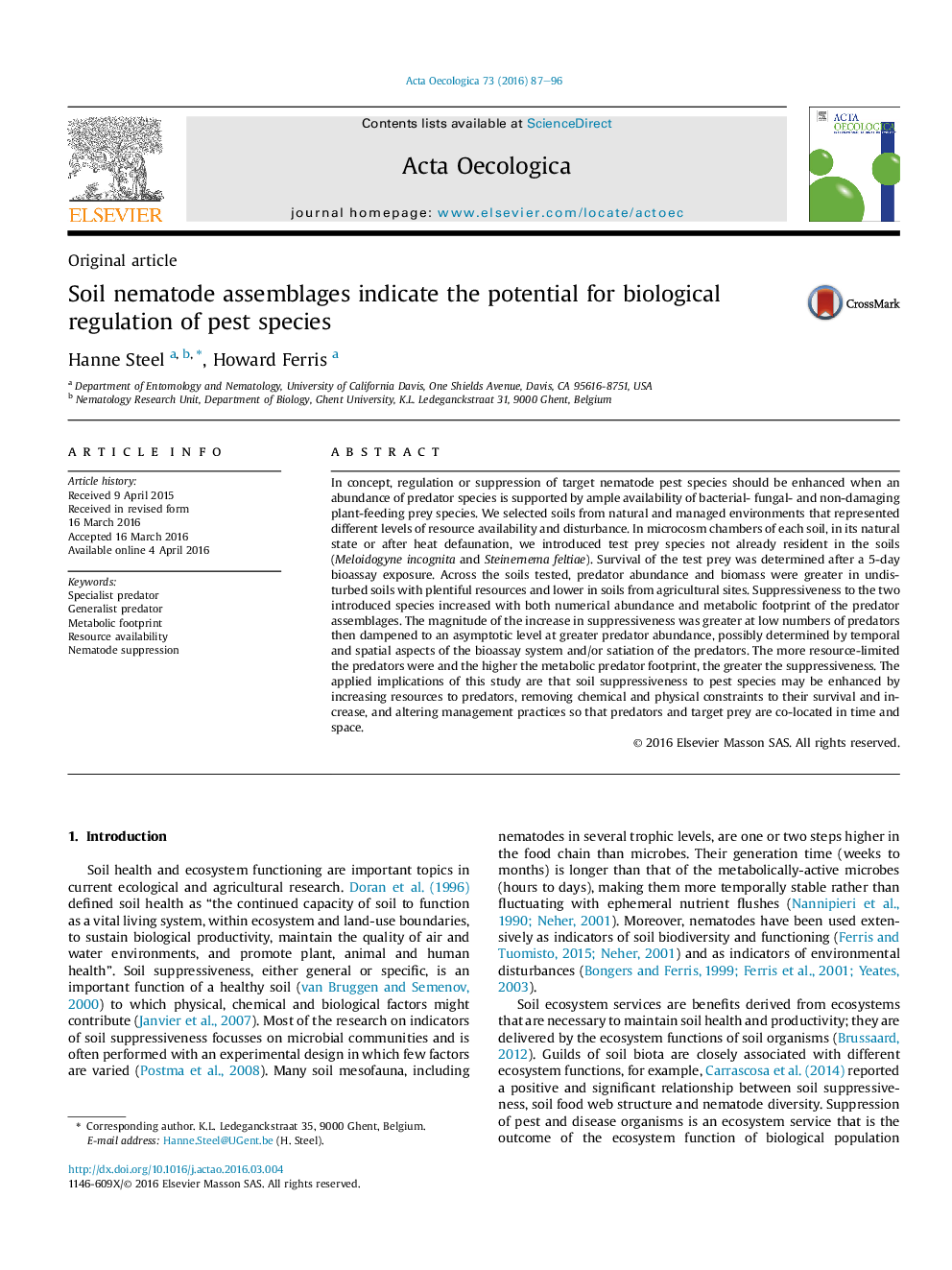 Soil nematode assemblages indicate the potential for biological regulation of pest species