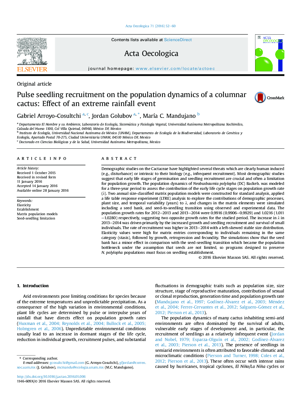 Pulse seedling recruitment on the population dynamics of a columnar cactus: Effect of an extreme rainfall event