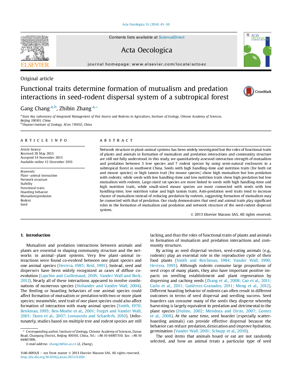 Functional traits determine formation of mutualism and predation interactions in seed-rodent dispersal system of a subtropical forest