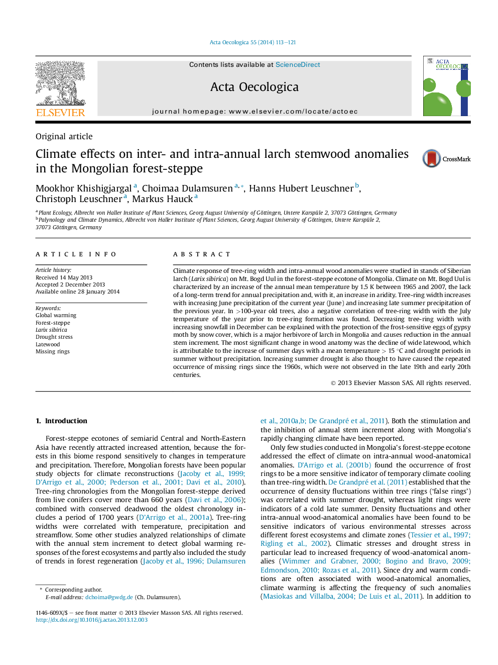 Climate effects on inter- and intra-annual larch stemwood anomalies in the Mongolian forest-steppe