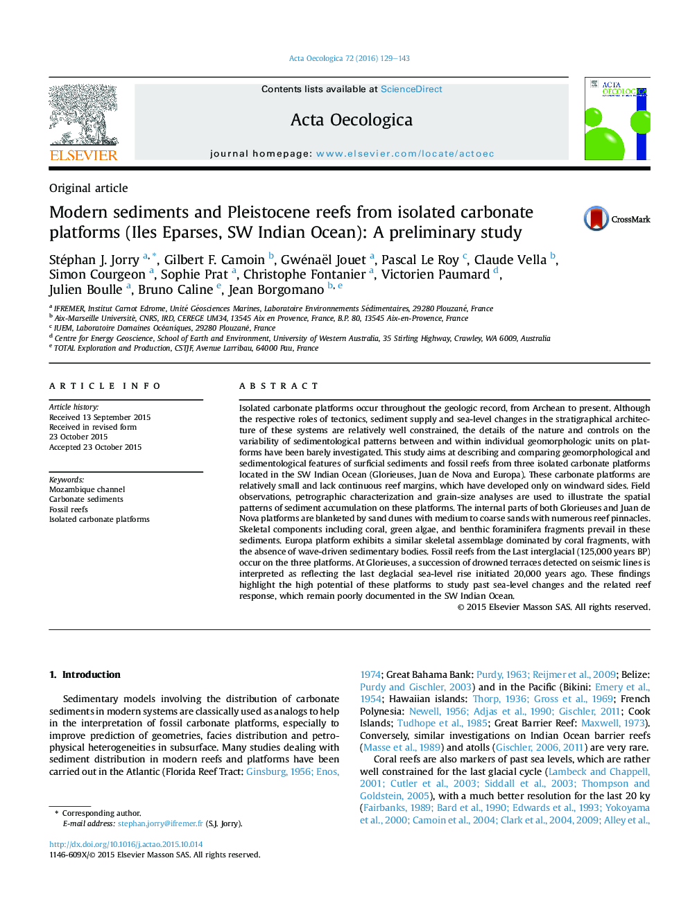 Modern sediments and Pleistocene reefs from isolated carbonate platforms (Iles Eparses, SW Indian Ocean): A preliminary study