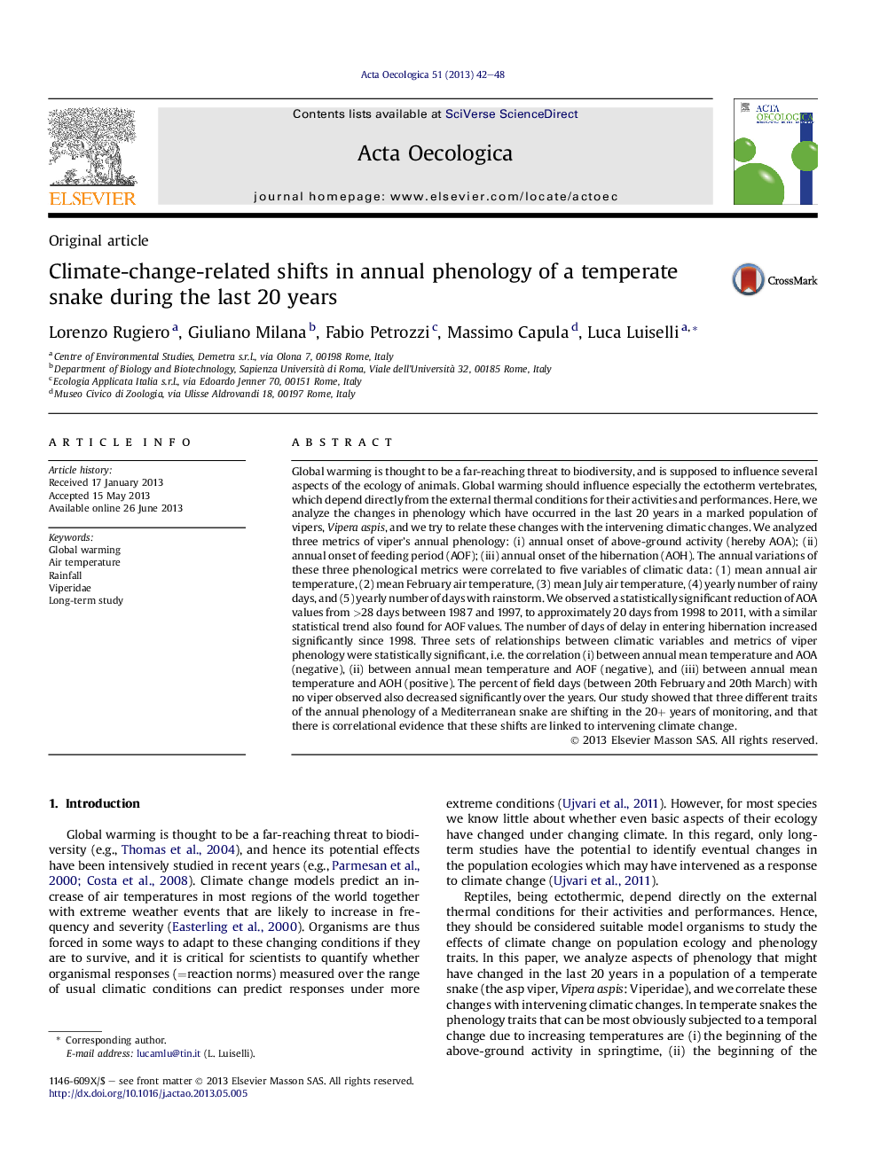 Climate-change-related shifts in annual phenology of a temperate snake during the last 20 years