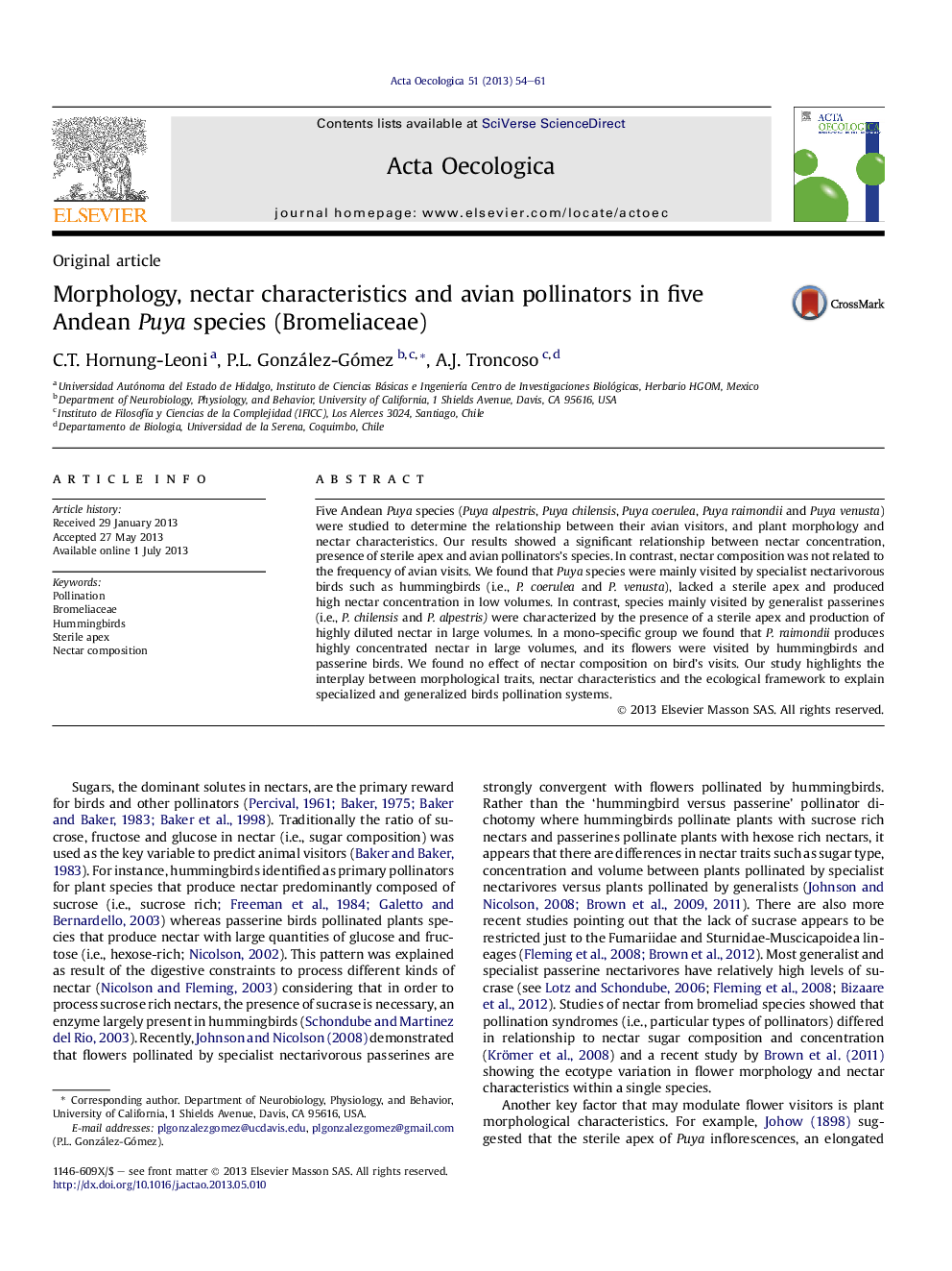 Morphology, nectar characteristics and avian pollinators in five Andean Puya species (Bromeliaceae)