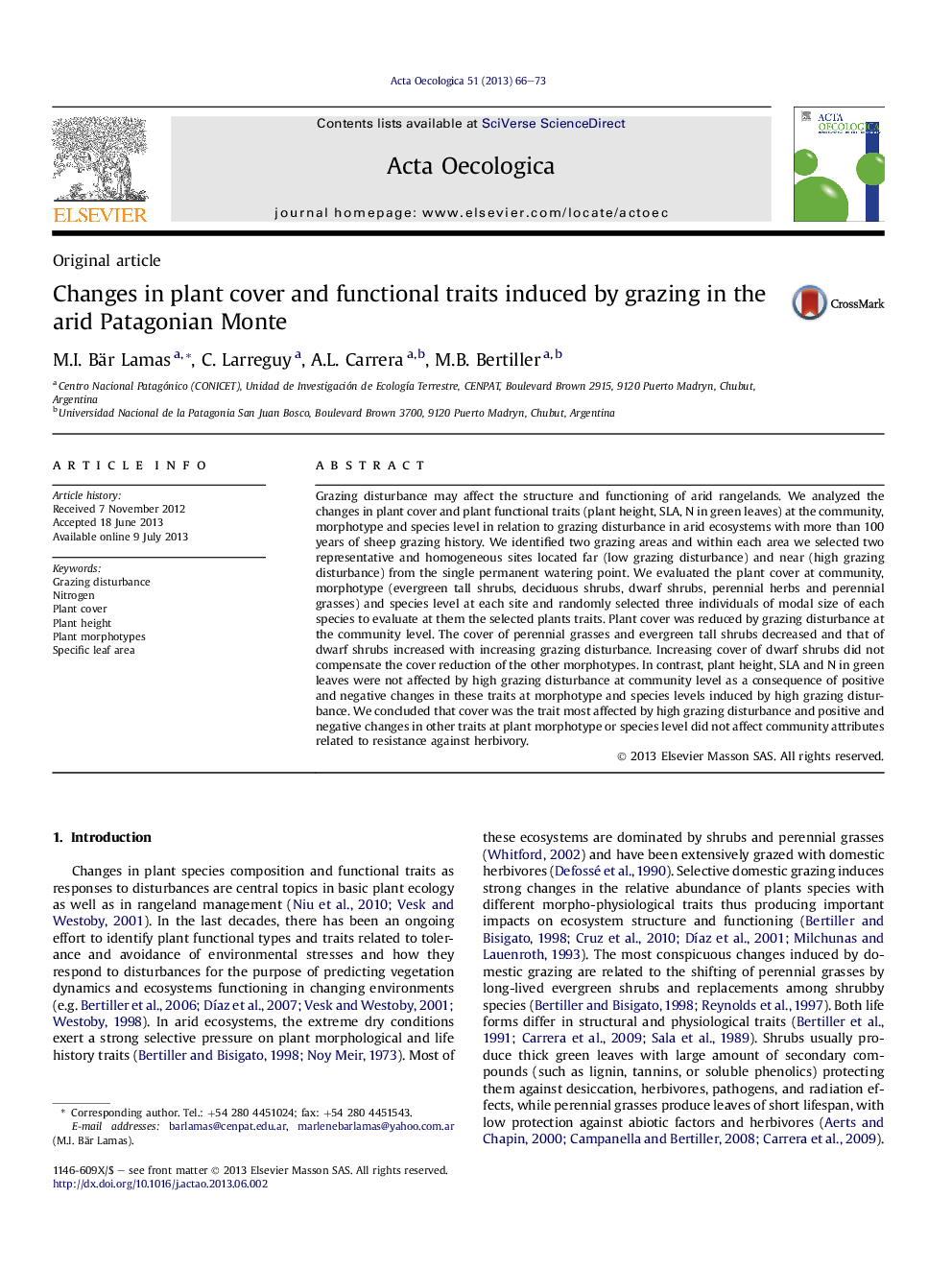 Changes in plant cover and functional traits induced by grazing in the arid Patagonian Monte