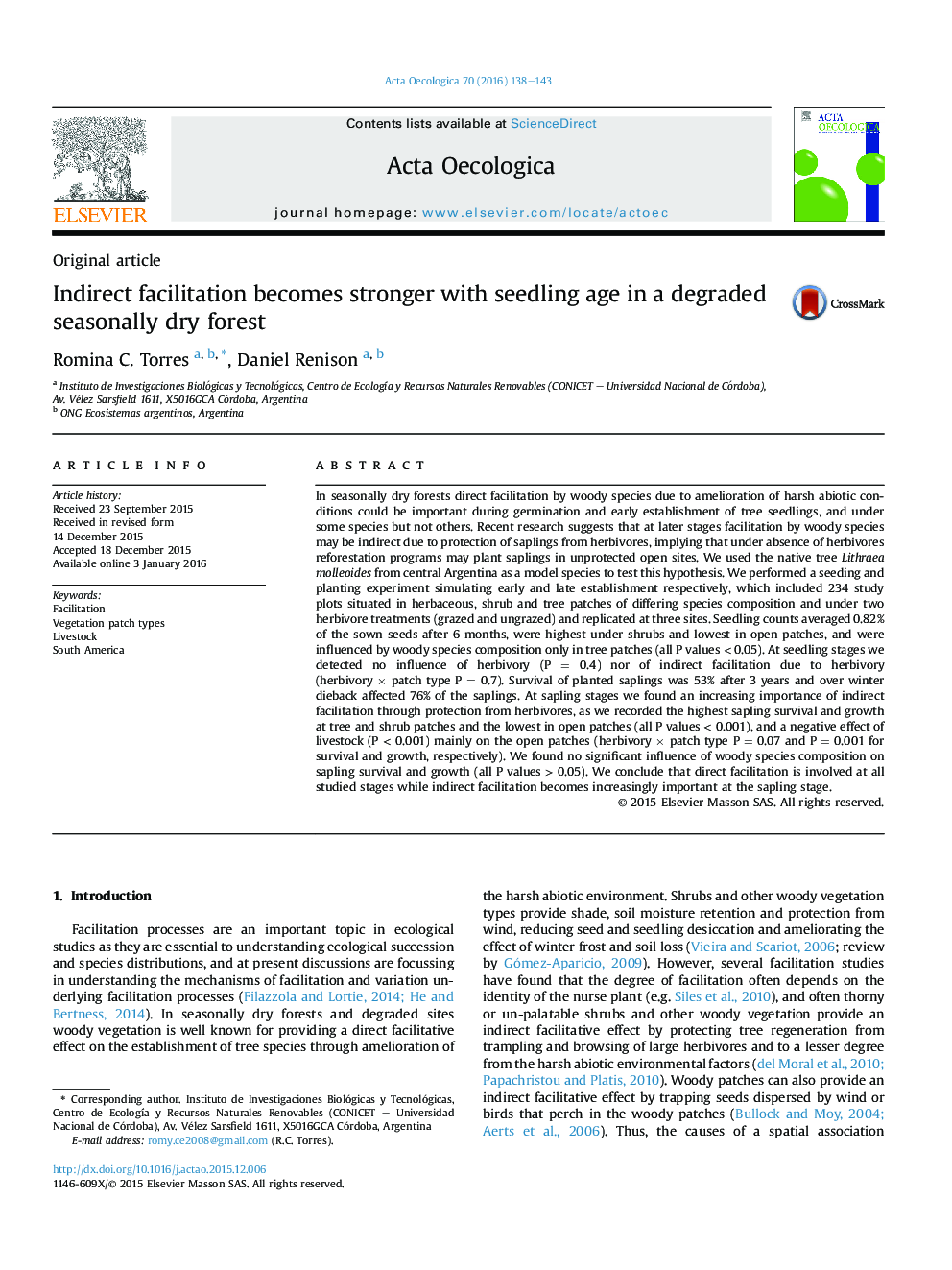 Indirect facilitation becomes stronger with seedling age in a degraded seasonally dry forest