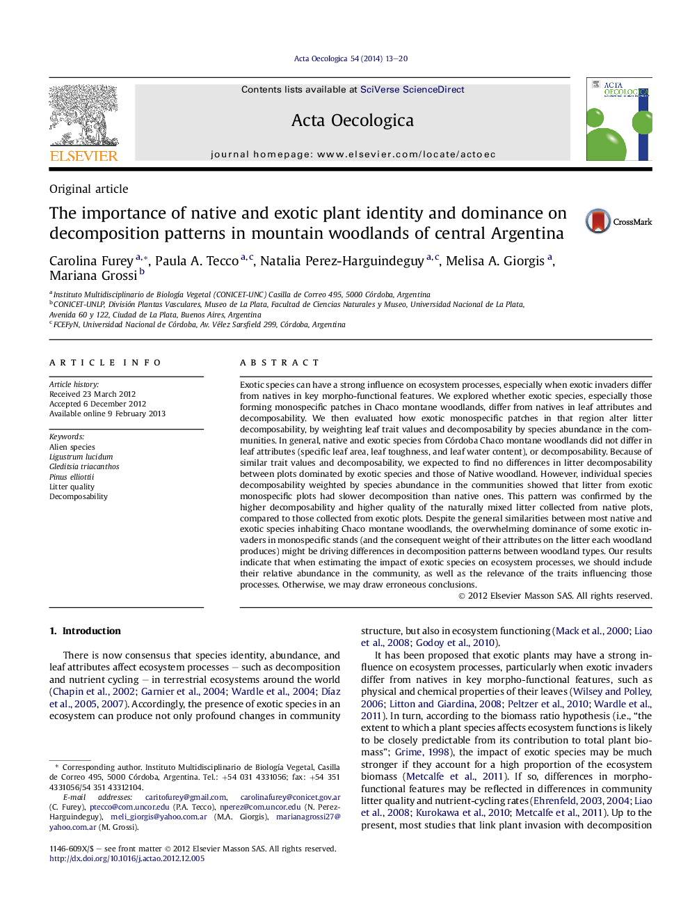 The importance of native and exotic plant identity and dominance on decomposition patterns in mountain woodlands of central Argentina