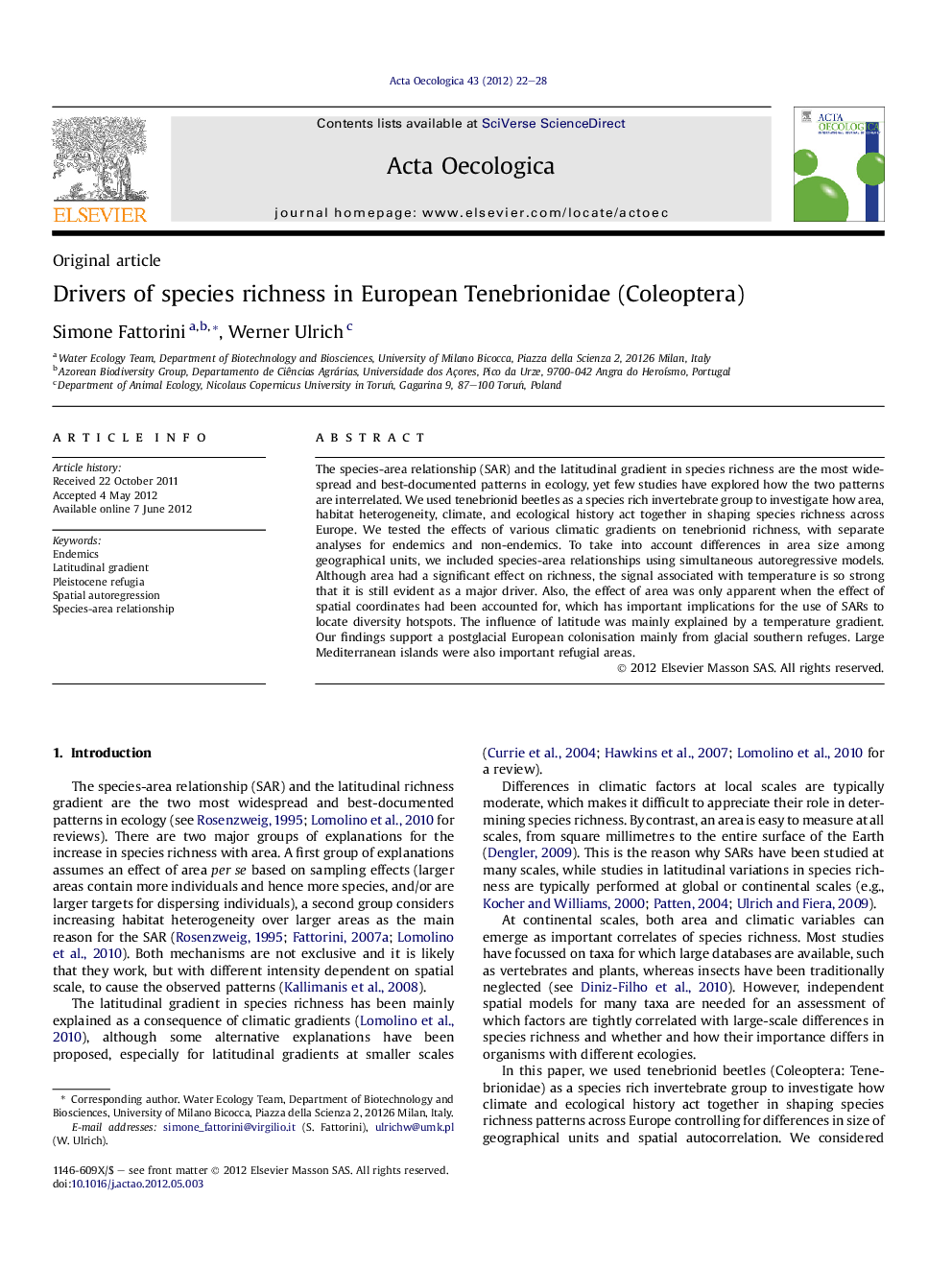 Drivers of species richness in European Tenebrionidae (Coleoptera)