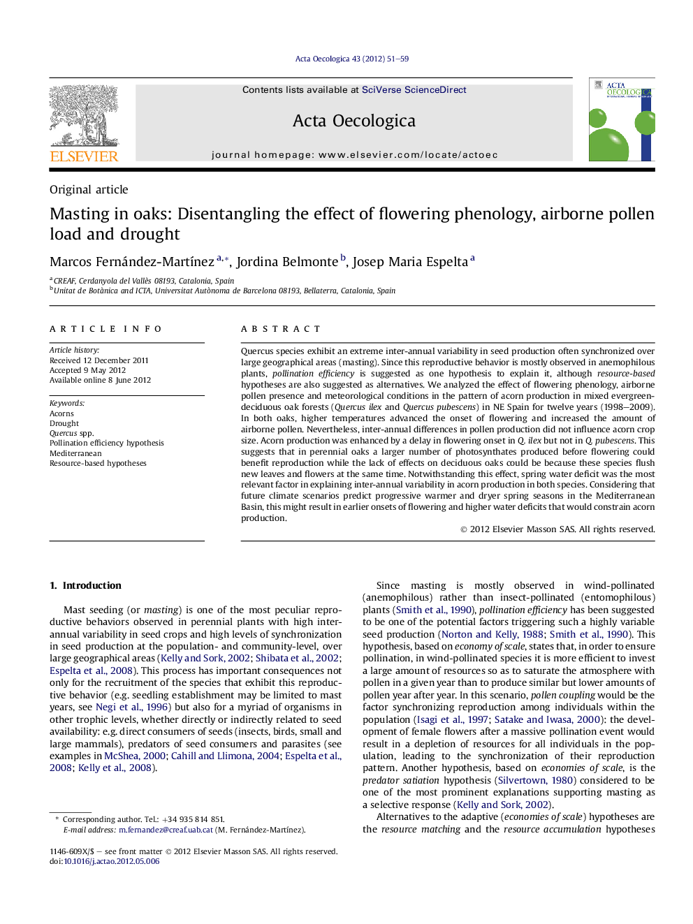 Masting in oaks: Disentangling the effect of flowering phenology, airborne pollen load and drought