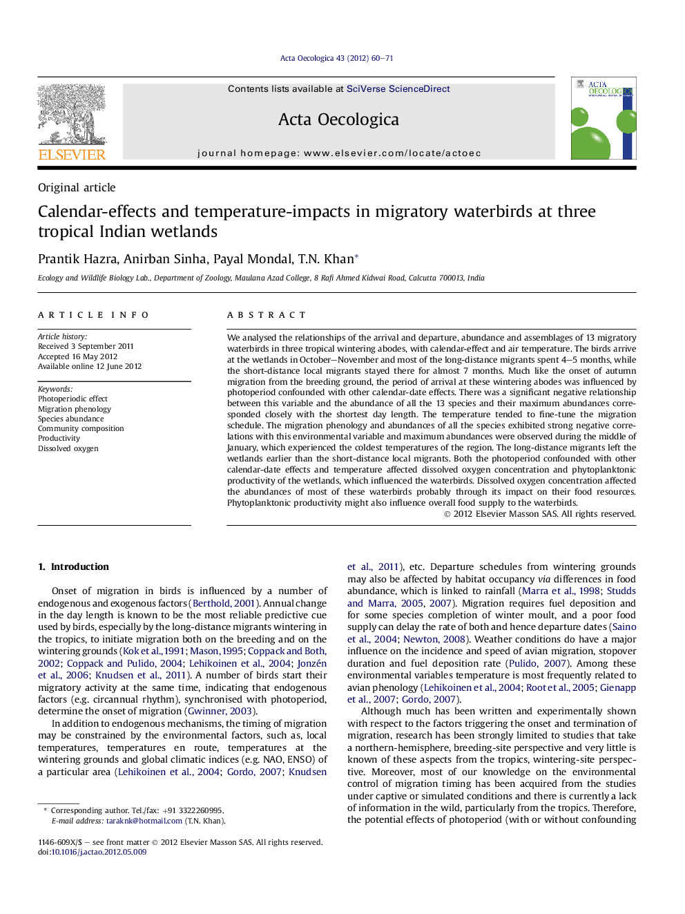 Calendar-effects and temperature-impacts in migratory waterbirds at three tropical Indian wetlands