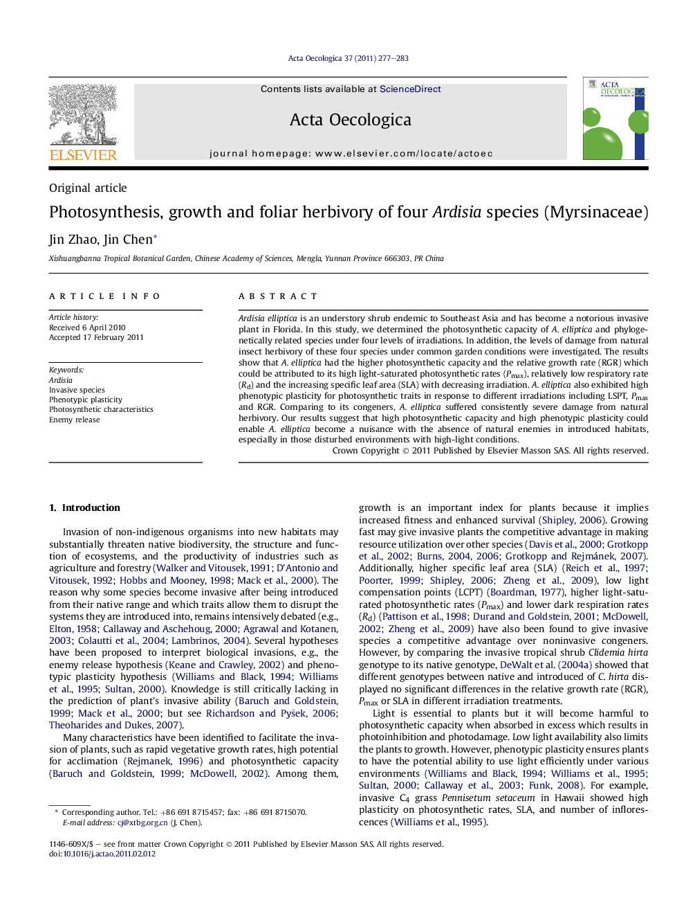 Photosynthesis, growth and foliar herbivory of four Ardisia species (Myrsinaceae)