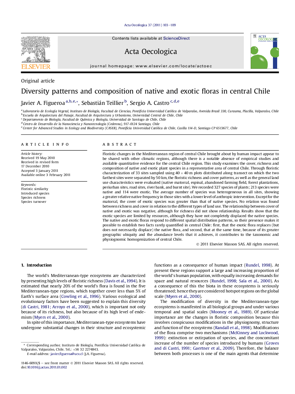 Diversity patterns and composition of native and exotic floras in central Chile