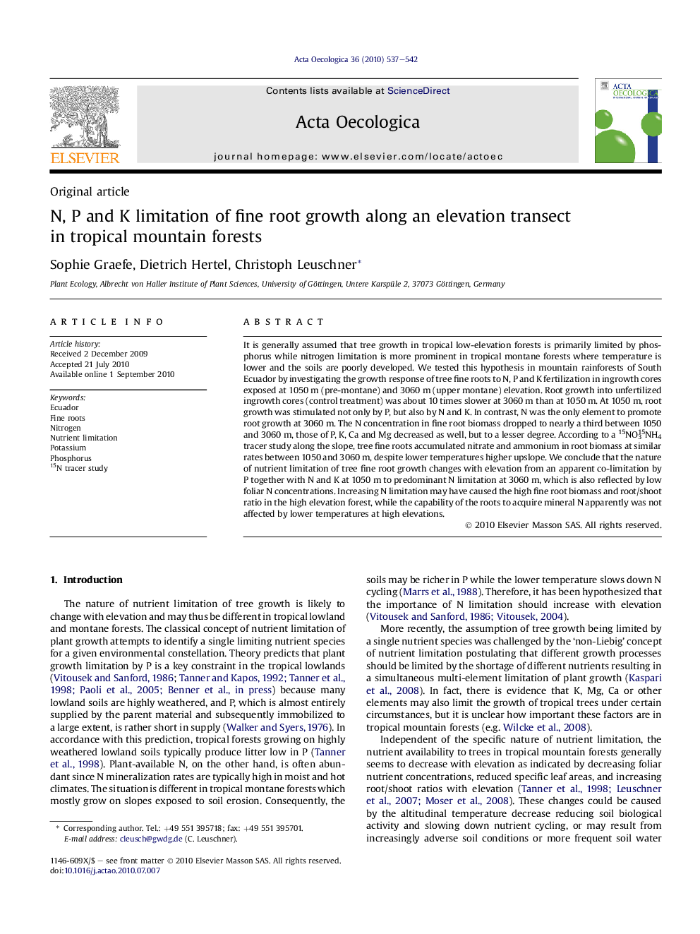 N, P and K limitation of fine root growth along an elevation transect in tropical mountain forests