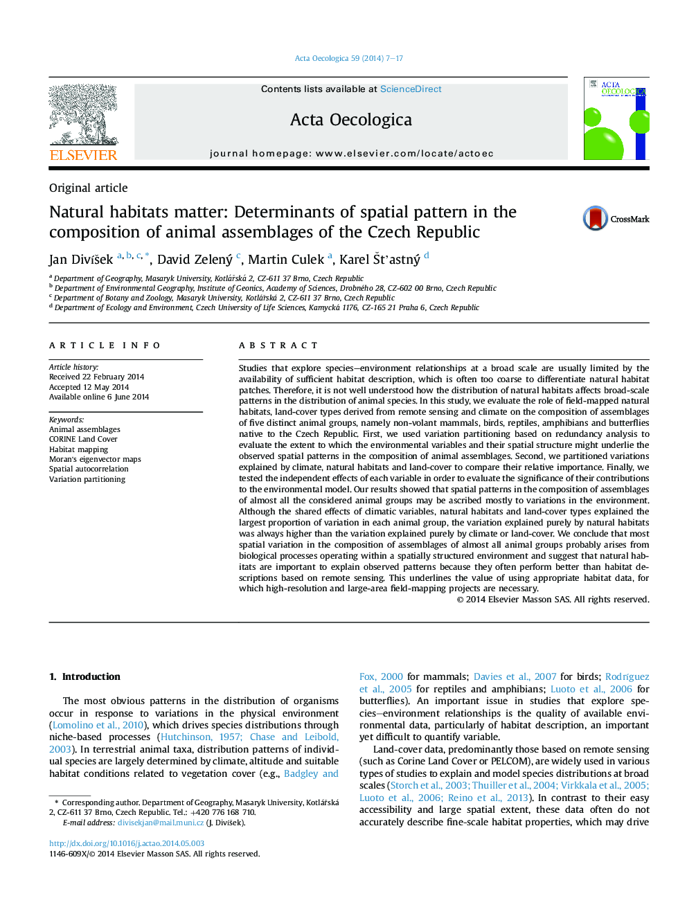 Natural habitats matter: Determinants of spatial pattern in the composition of animal assemblages of the Czech Republic