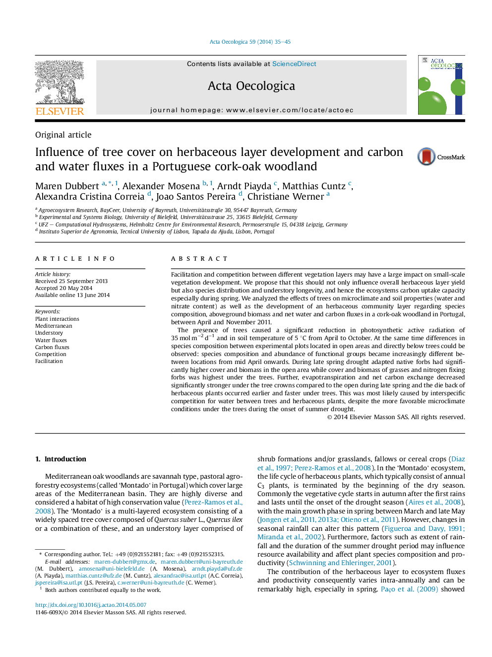 Influence of tree cover on herbaceous layer development and carbon and water fluxes in a Portuguese cork-oak woodland