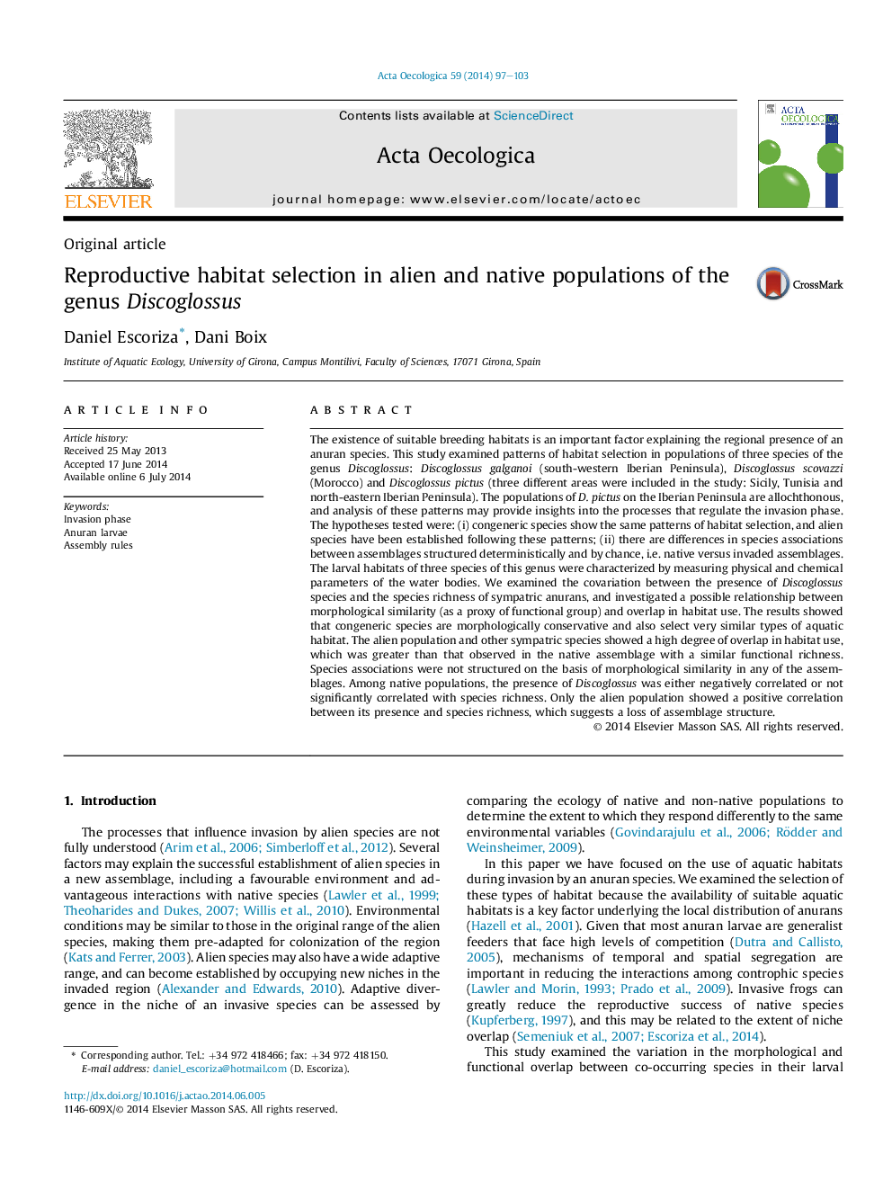 Reproductive habitat selection in alien and native populations of the genus Discoglossus