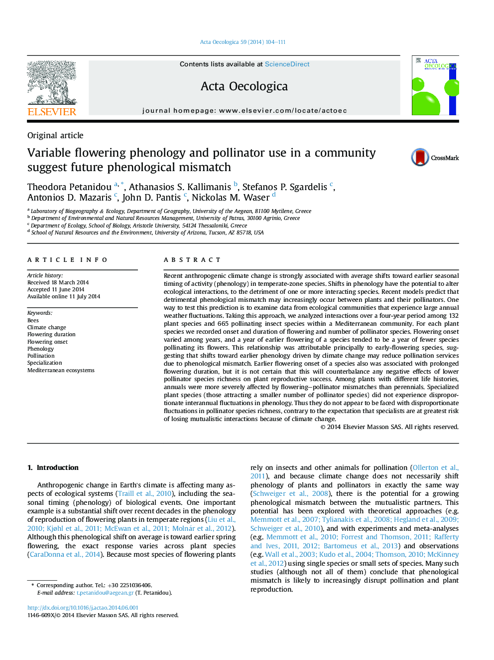 Variable flowering phenology and pollinator use in a community suggest future phenological mismatch