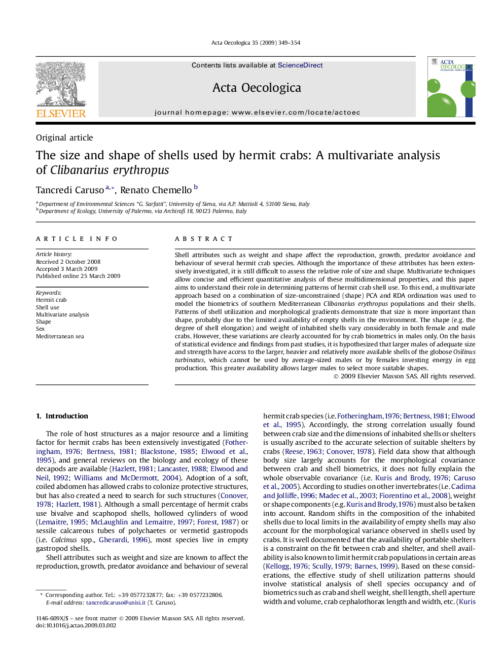 The size and shape of shells used by hermit crabs: A multivariate analysis of Clibanarius erythropus