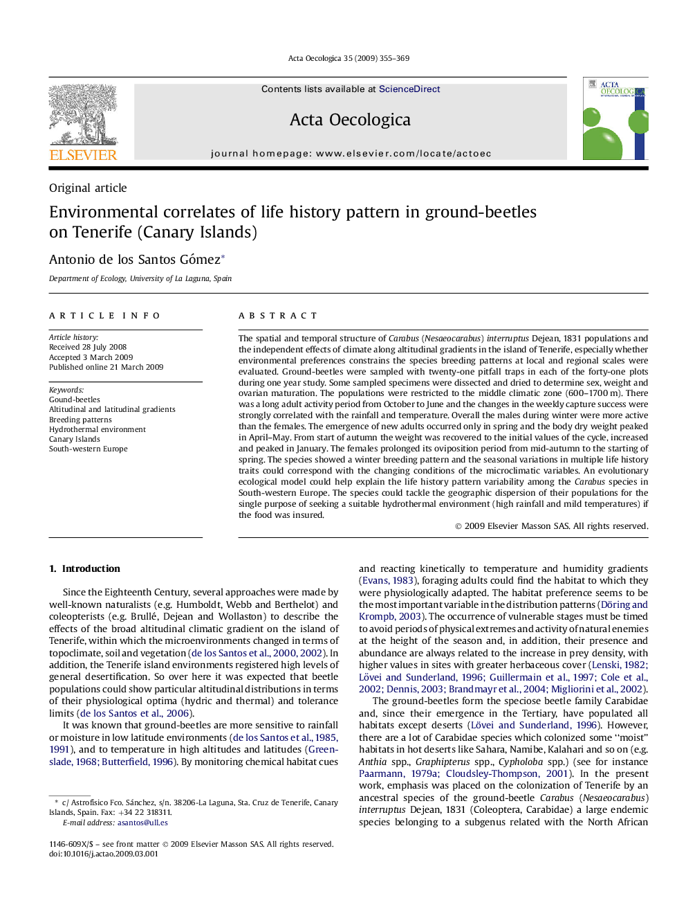 Environmental correlates of life history pattern in ground-beetles on Tenerife (Canary Islands)