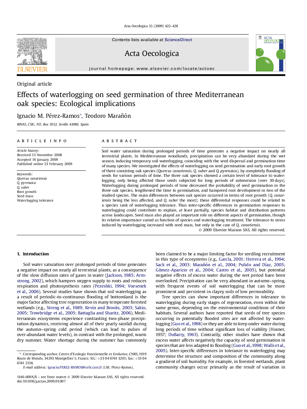 Effects of waterlogging on seed germination of three Mediterranean oak species: Ecological implications