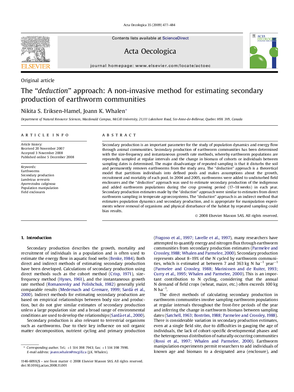 The “deduction” approach: A non-invasive method for estimating secondary production of earthworm communities