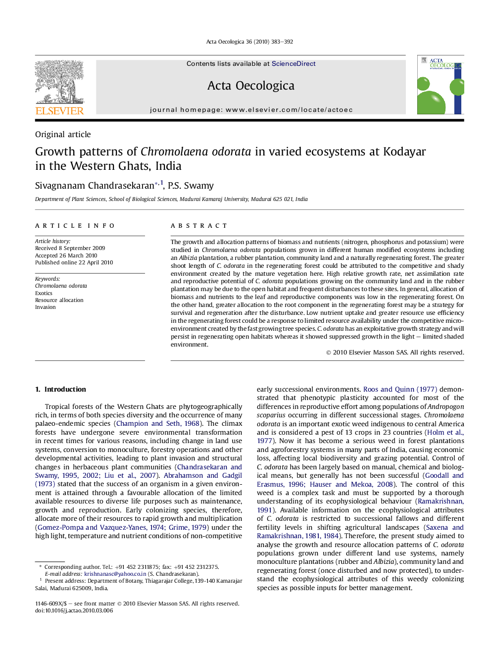 Growth patterns of Chromolaena odorata in varied ecosystems at Kodayar in the Western Ghats, India