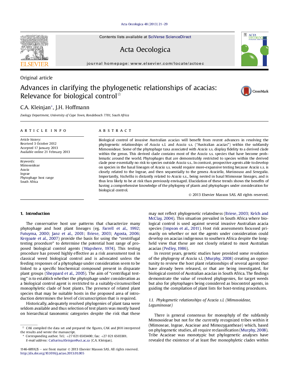 Advances in clarifying the phylogenetic relationships of acacias: Relevance for biological control