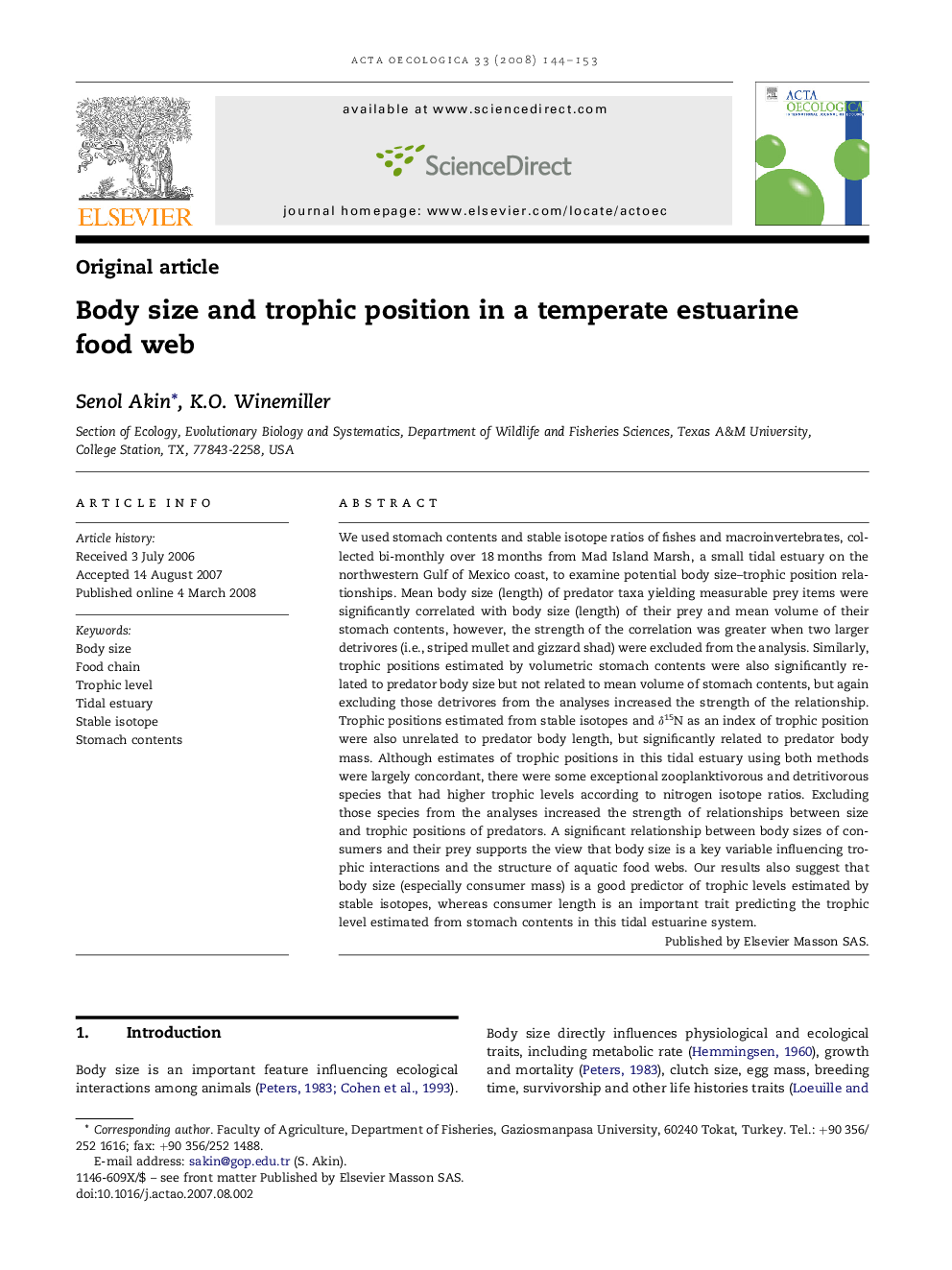 Body size and trophic position in a temperate estuarine food web